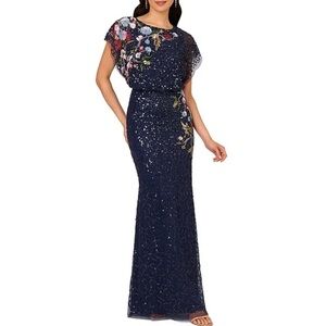 Adrianna Papell beaded sequin mesh floral mermaid boat neck maxi dress gown